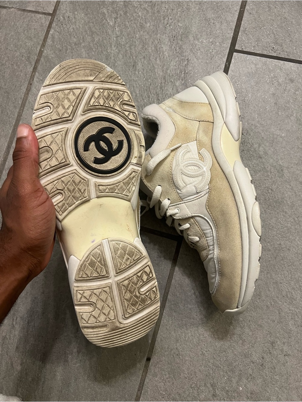 CHANEL Beige & White Suede Leather CC Logo Sneakers Sz 44 - Picture 3 of 3